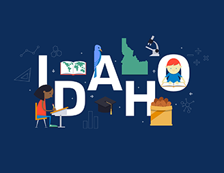 word 'Idaho' surrounded by illustrations of microscope, kid writing at desk, kid reading, graduation cap, blue bird, and sack of potatoes