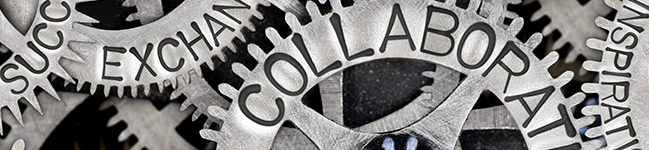 Gears with the words 'collaboration', 'success', 'exchange' and 'inspiration'