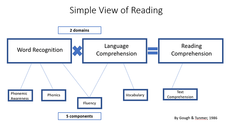Simple view of reading diagram illustrating the five components between word recognition, language comprehension and reading comprehension.