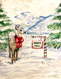 Reindeer with a red box around its neck standing next to a sign reading North Pole