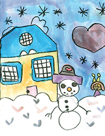 Happy snowman in front of a snowy house