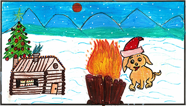 Dog wearing a Santa hat next to an outdoor fire and a log cabin in the winter