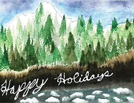 Forest and river with Happy Holidays written on the bank with snow