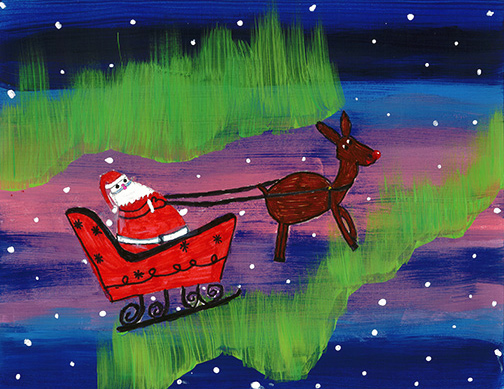 Marker art of Santa in his sled flying through the sky pulled by reindeer