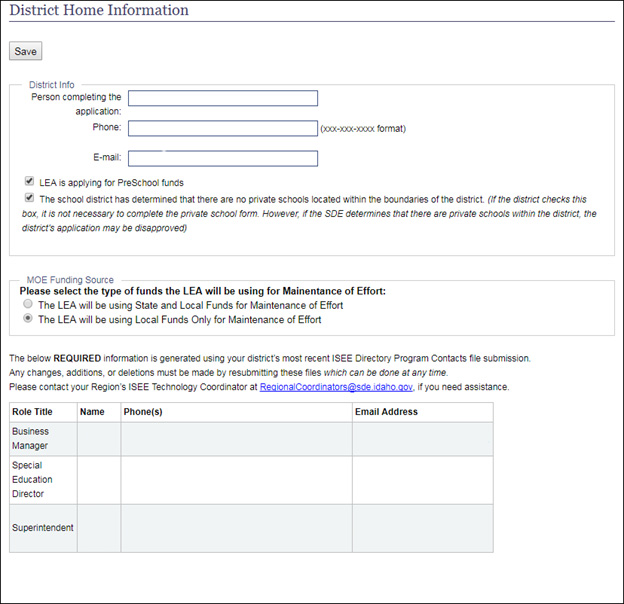 Dipiction of the District Home page, a screen shot showing form fields and table information