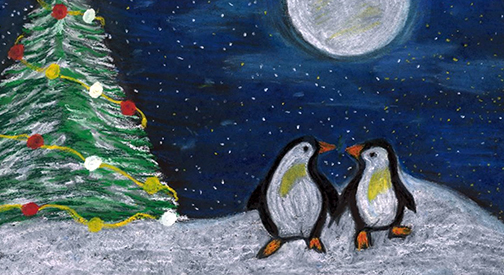 Student artwork of Santa flying across night sky in a sleigh pulled by a red-nosed reindeer